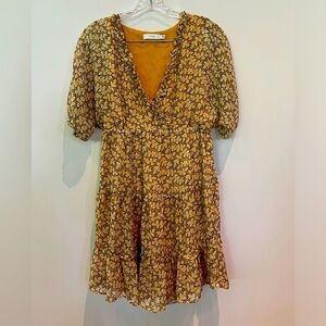 LUSH mustard yellow floral short sleeve lined mini dress. Size S